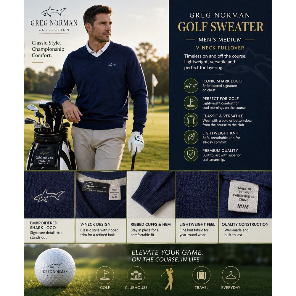 Greg Norman Men's M Blue V-Neck Golf Sweater Shark Logo Lightweight Pullover